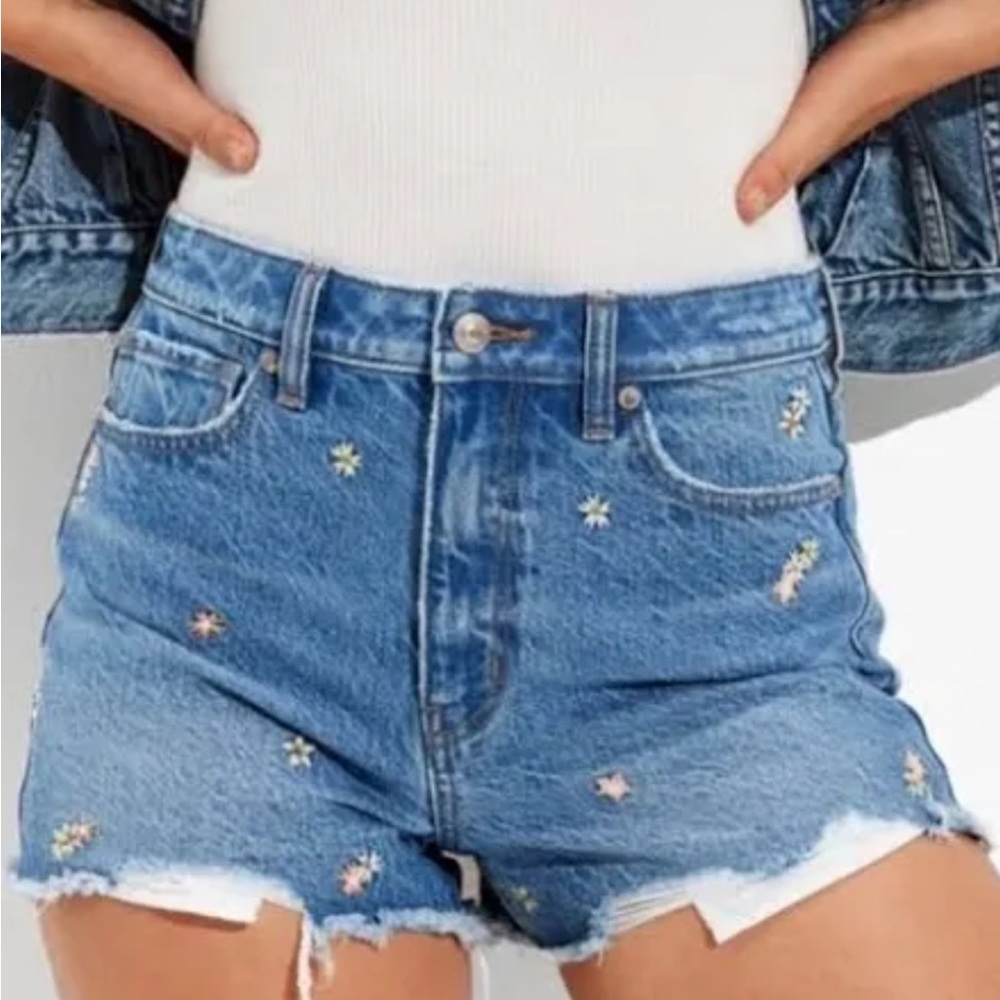 AE Women's Blue Denim Shorts with Embroidered Florals